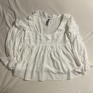 Anthropologie White Swiss-Dot Ruffle Peasant Blouse